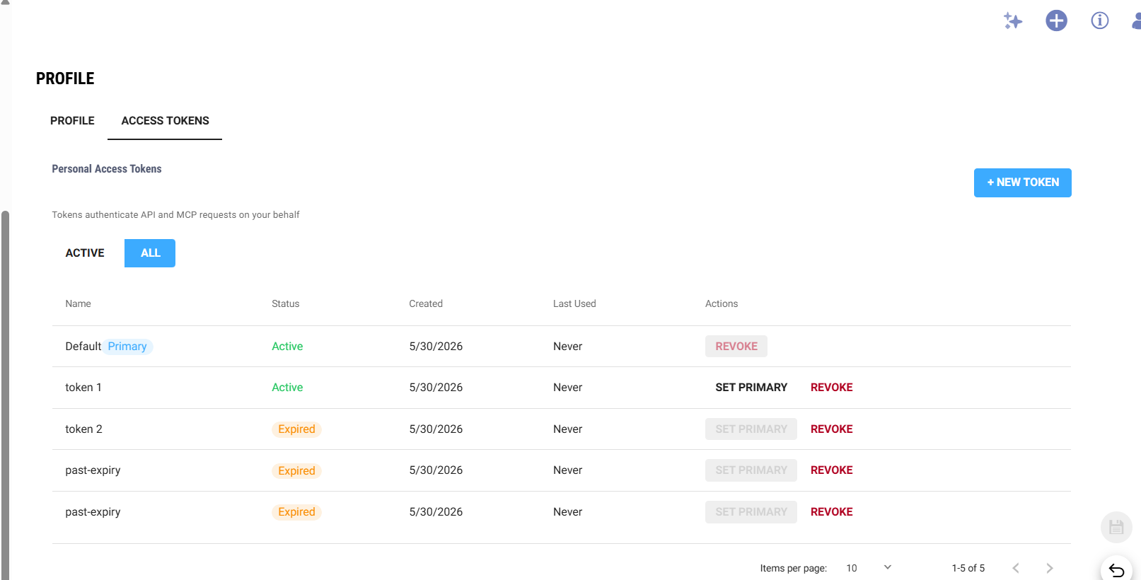 Personal Access Tokens management screen